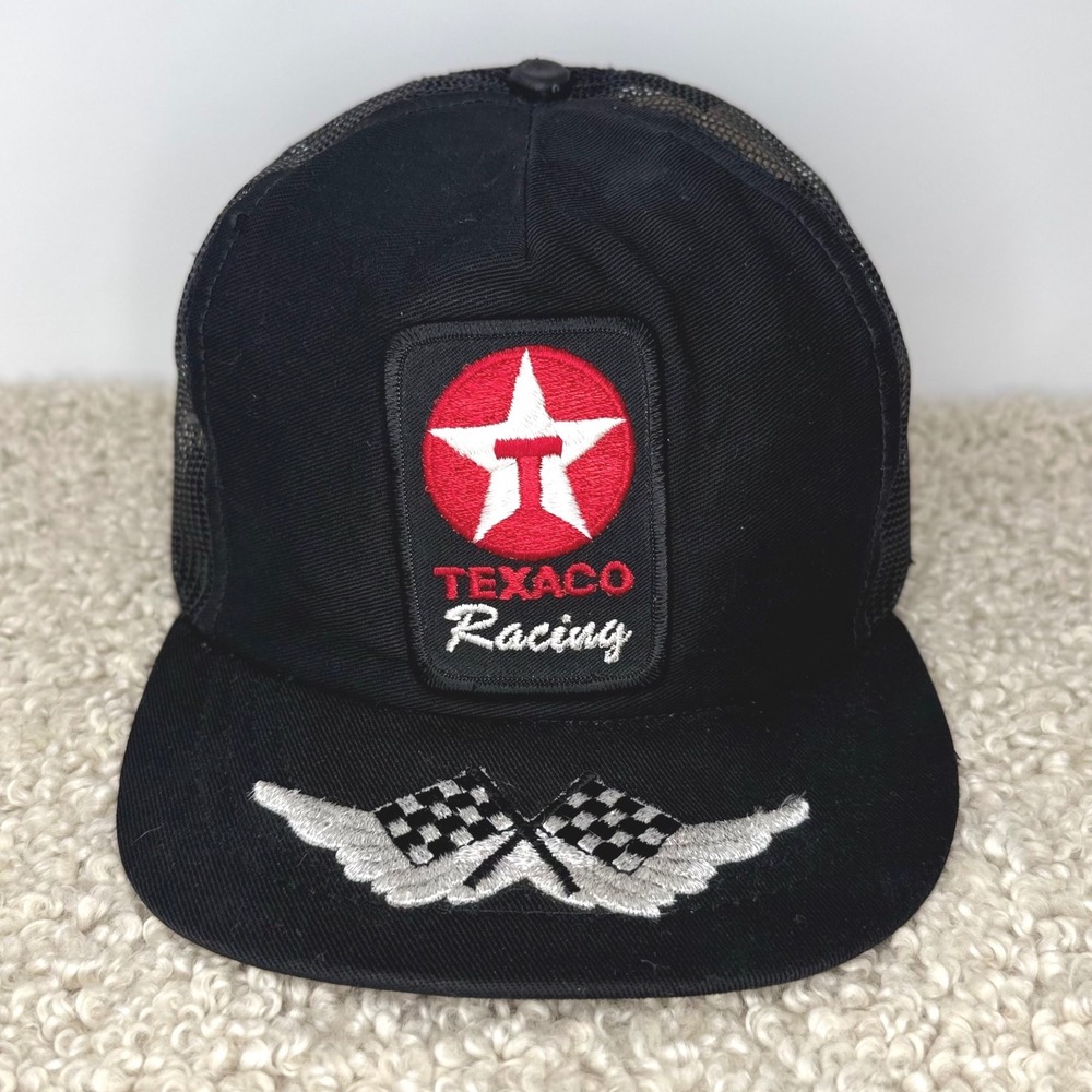 VTG 70s Texaco Racing Snapback Hat Challenger Cap Black Checkered Flag Wings USA
